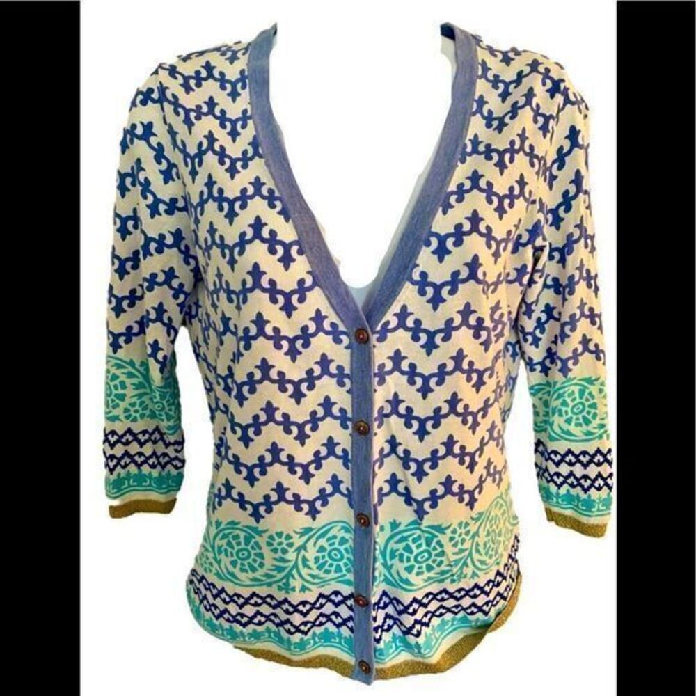 J McLaughlin Cotton Sweater -XS blue /green cardigan, cotton /modal